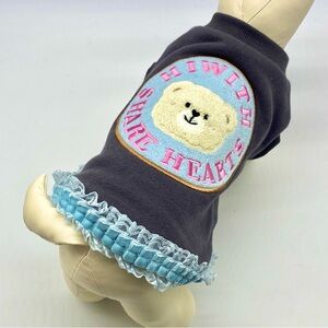 Cute Blue Gray Dog Sweater with Bear Patch Fringe Pet Clothes Size L Small Breed